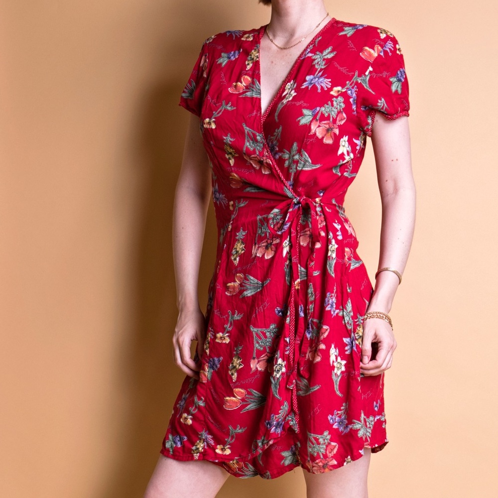 Vintage 80s red floral wrap romper